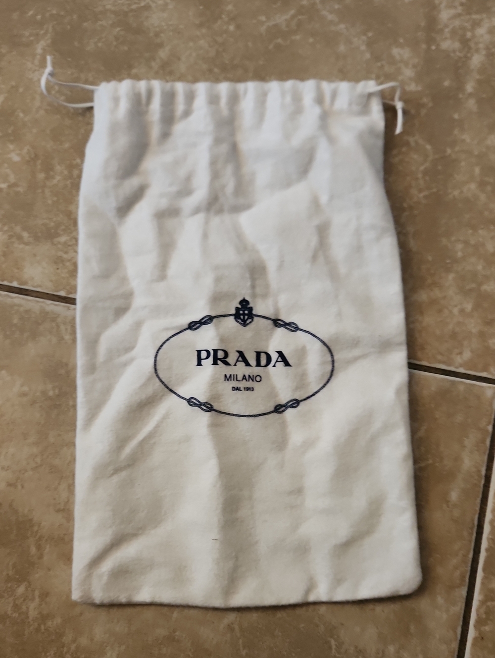 Prada Ivory Drawstring Dust Pouch with Navy Logo